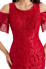 Sexy Mermaid Cold Shoulder High Low Lace Mother of The Bride Dresses