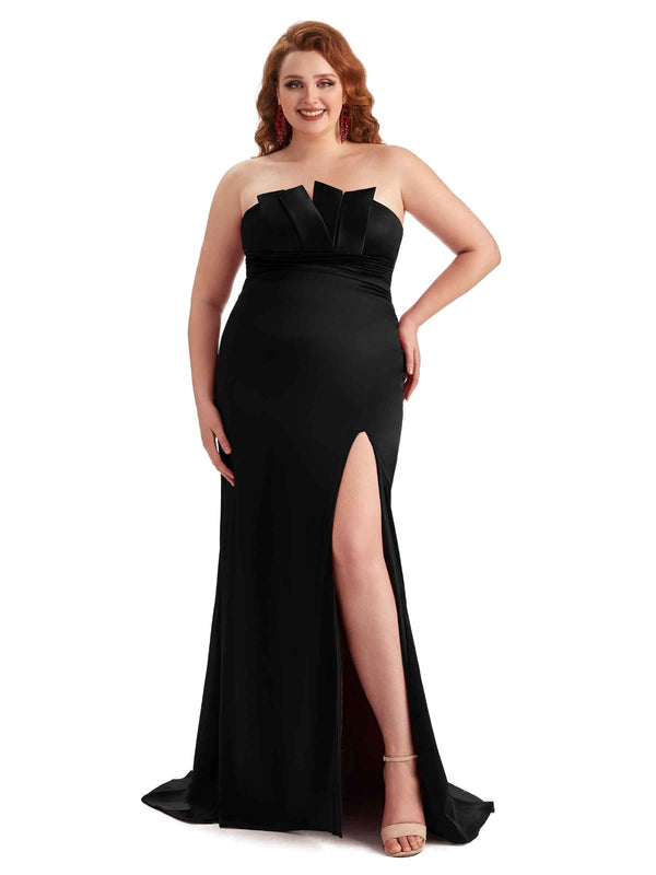 Sexy Strapless Side Slit Mermaid Soft Satin Long Plus Size Bridesmaid ...