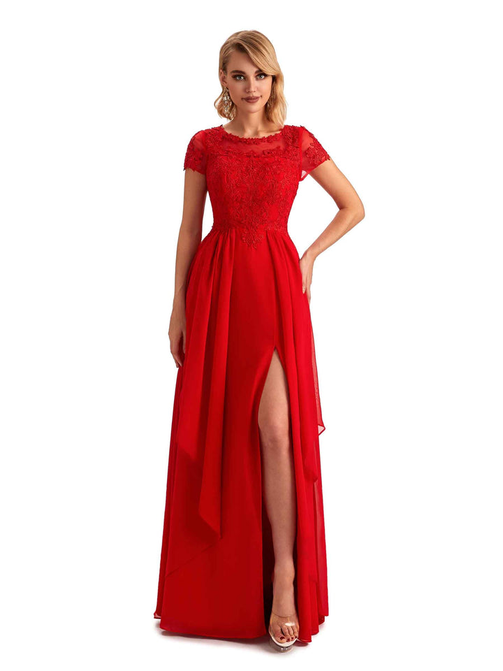 Elegant Short Sleeves Jewel Side Slit Chiffon Lace A-line Long Mother of the Groom Dresses