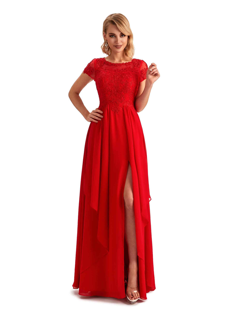 Elegant Short Sleeves Jewel Side Slit Chiffon Lace A-line Long Mother of the Groom Dresses