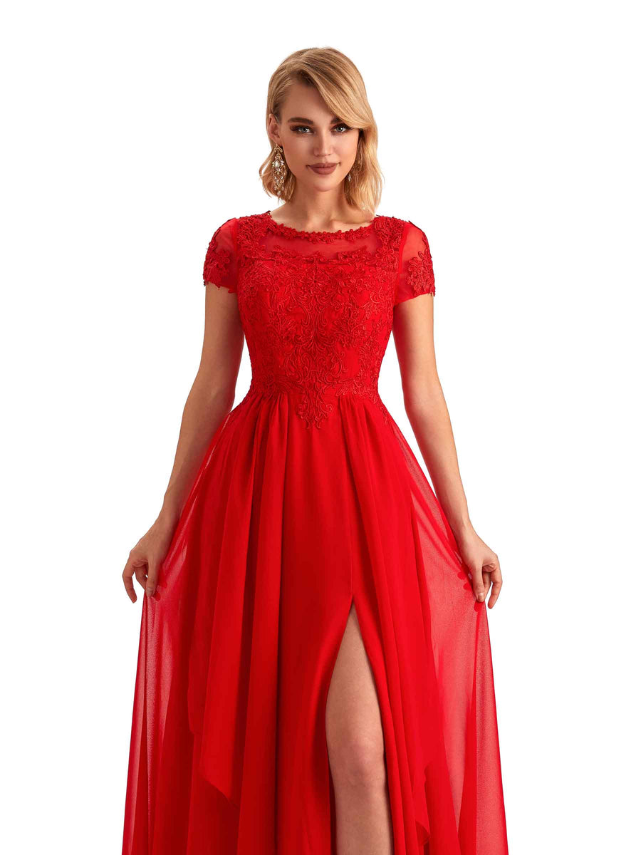 Elegant Short Sleeves Jewel Side Slit Chiffon Lace A-line Long Mother of the Groom Dresses