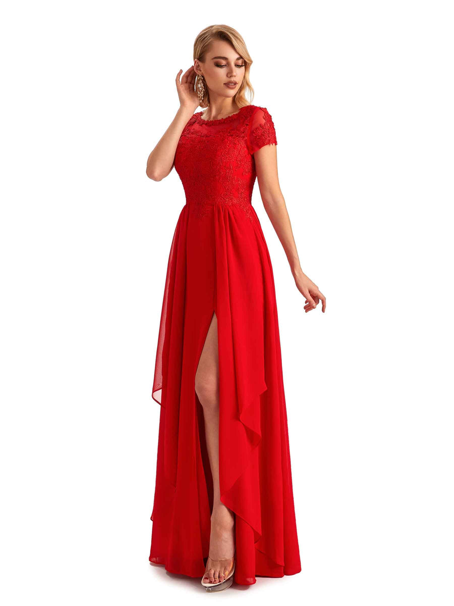 Elegant Short Sleeves Jewel Side Slit Chiffon Lace A-line Long Mother of the Groom Dresses