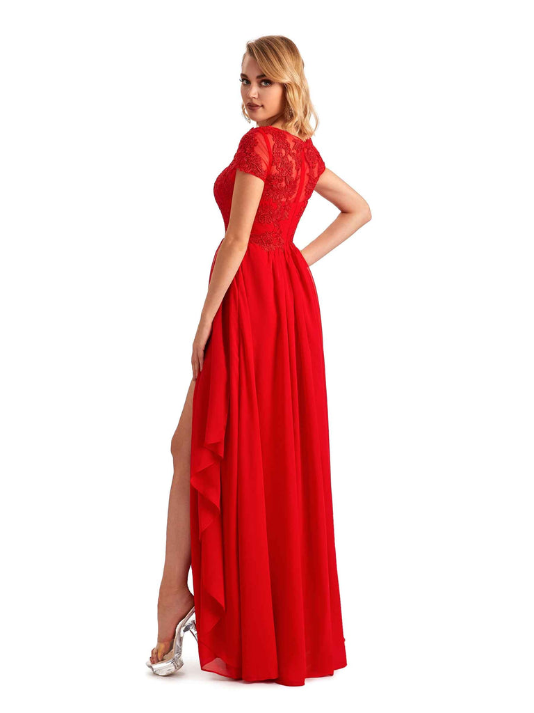 Elegant Short Sleeves Jewel Side Slit Chiffon Lace A-line Long Mother of the Groom Dresses
