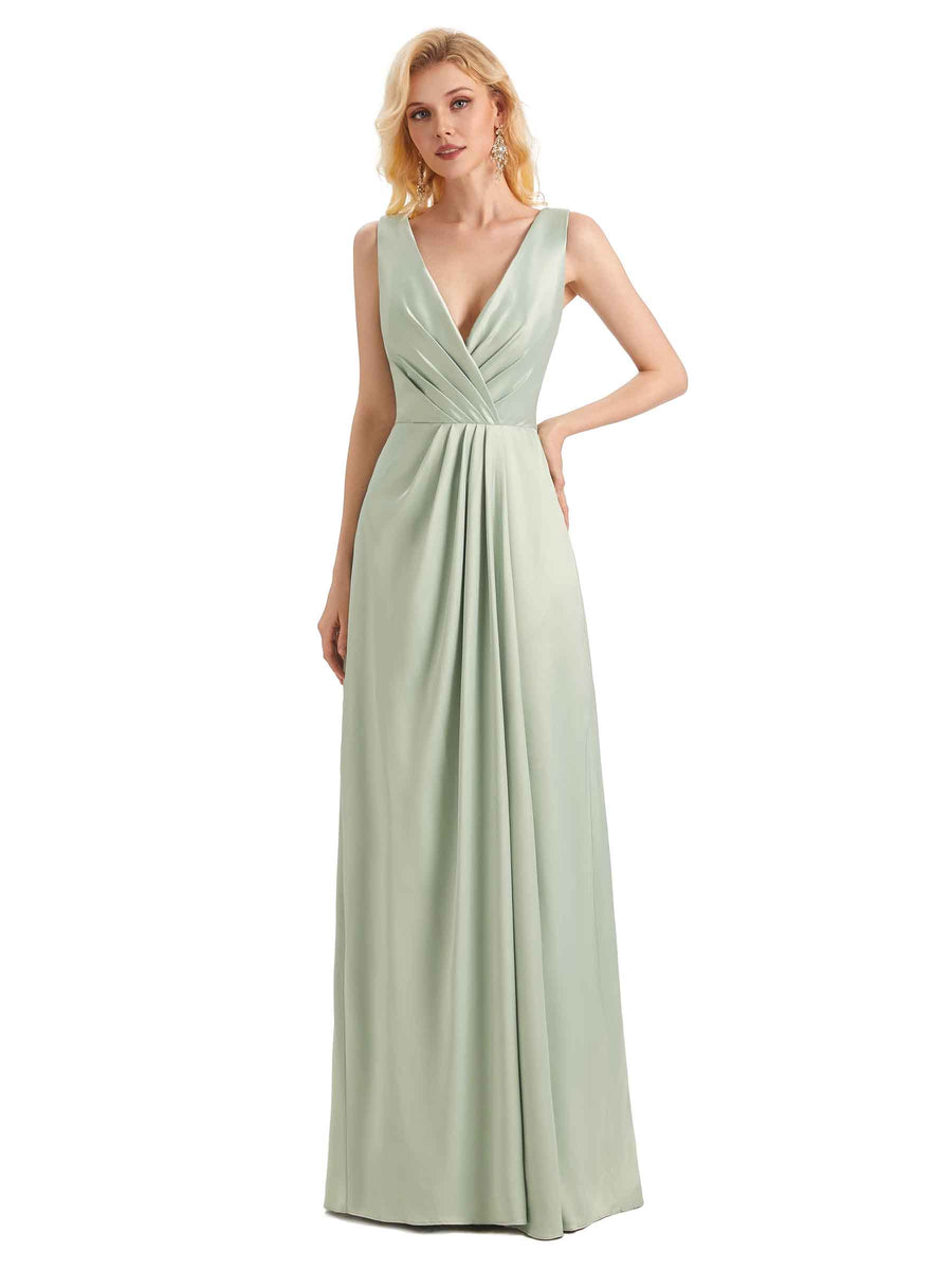 Elegant Soft Satin V neck Wrap Long Satin Women Bridesmaid Dresses Online