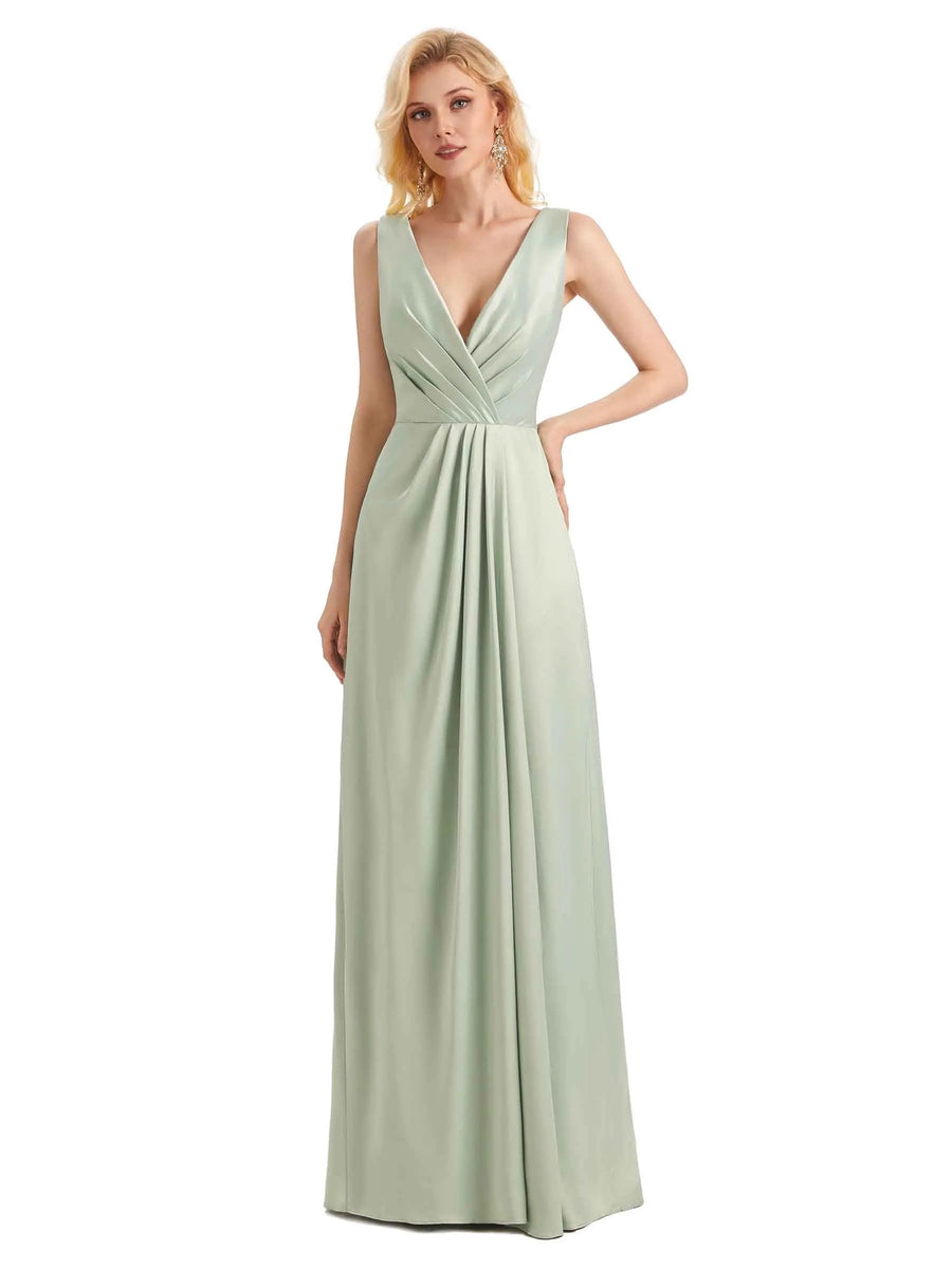 Elegant Soft Satin V neck Wrap Long Satin Prom Dresses 2023