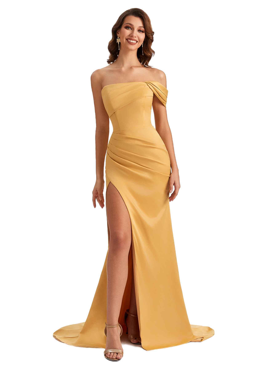 Unique One Shoulder Side Slit Satin Long Dresses For Wedding