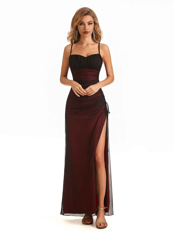Sexy Side Slit Red and Black Spaghetti Straps Long Formal Party Prom Dresses