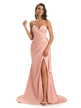 Sexy Side Slit Sweetheart Satin Maxi Long Mermaid Graduation Prom Dresses Sale