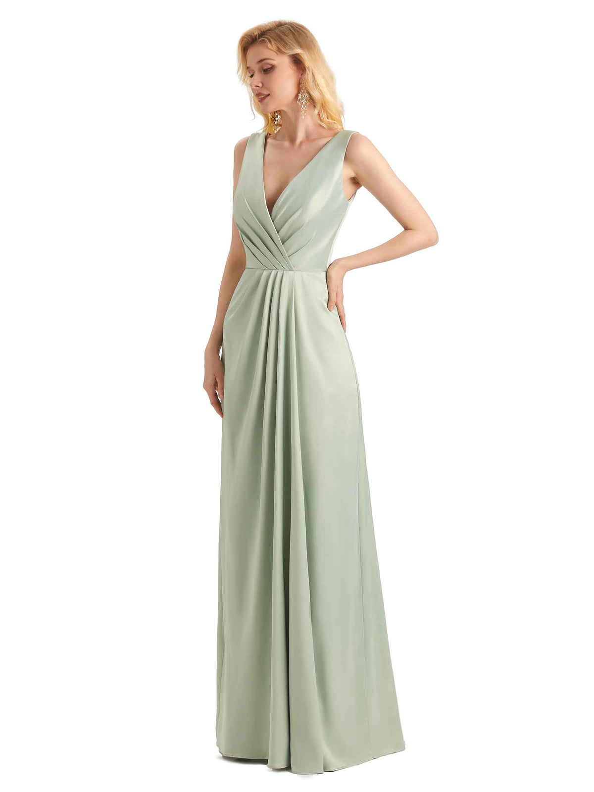 Elegant Soft Satin V neck Wrap Long Satin Women Bridesmaid Dresses Online