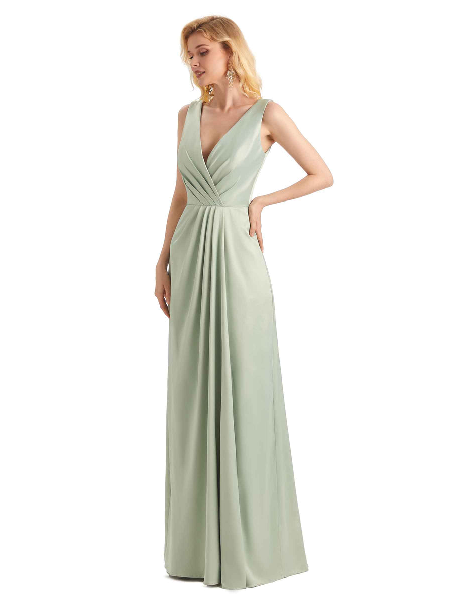 Elegant Soft Satin V neck Wrap Long Satin Women Bridesmaid Dresses Online