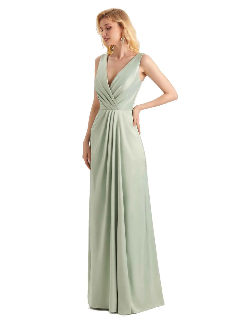 Elegant Soft Satin V neck Wrap Long Satin Prom Dresses 2023