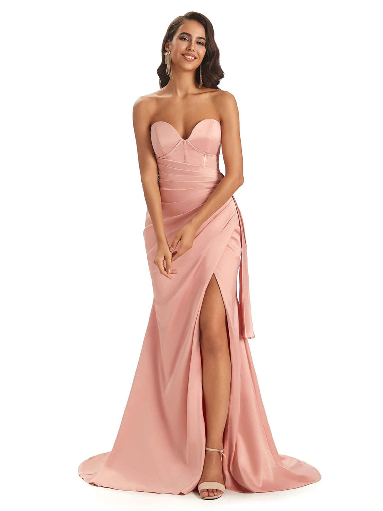 Sexy Soft Satin Side Slit Sweetheart Long Mermaid Formal Gown Wedding Guest Dresses