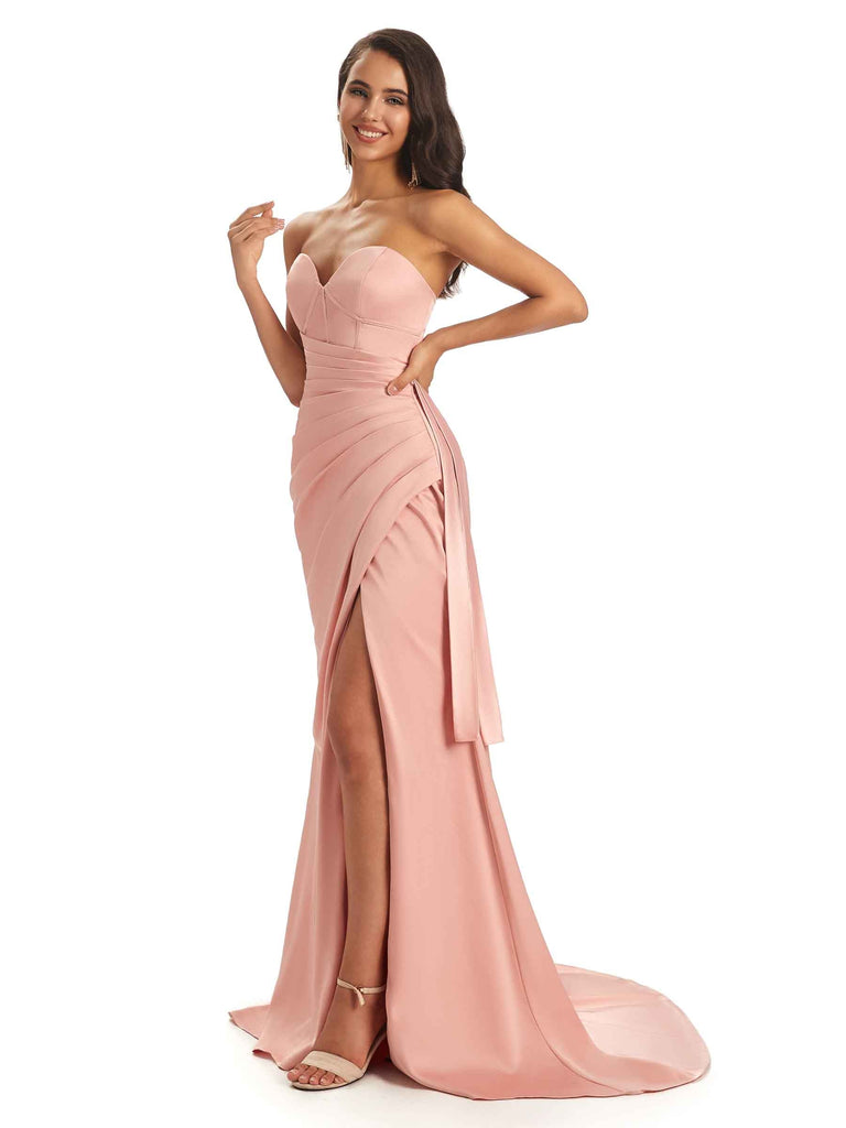 Sexy Soft Satin Side Slit Sweetheart Long Mermaid Formal Gown Wedding Guest Dresses