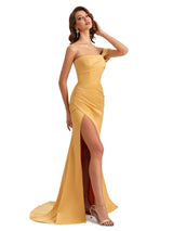 Unique One Shoulder Side Slit Satin Long Dresses For Wedding