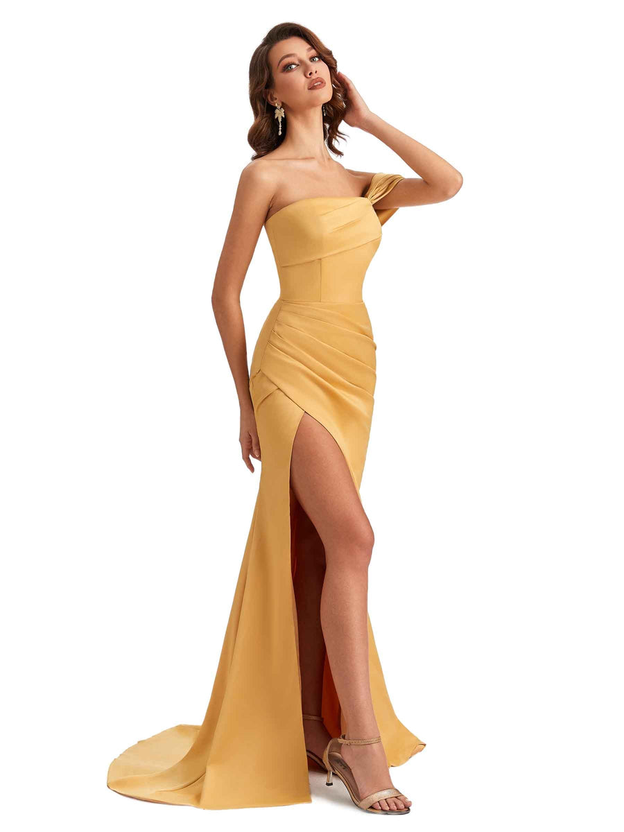 Unique One Shoulder Side Slit Satin Long Dresses For Wedding