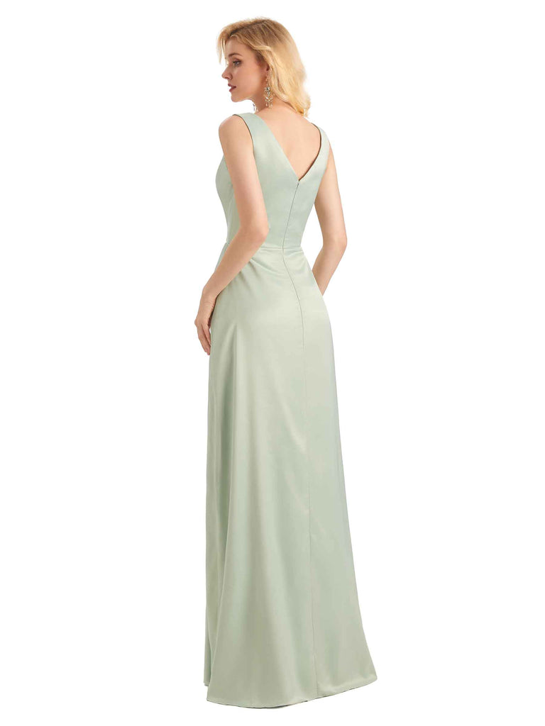 Elegant Soft Satin V neck Wrap Long Satin Women Bridesmaid Dresses Online