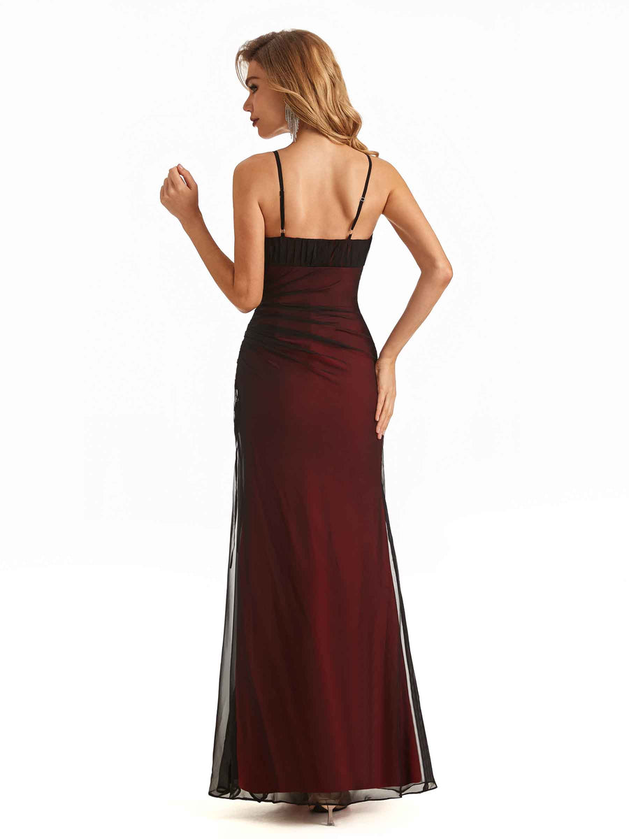 Sexy Side Slit Red and Black Spaghetti Straps Long Formal Party Prom Dresses