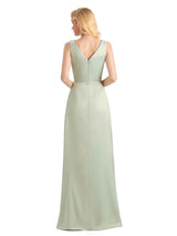 Elegant Soft Satin V neck Wrap Long Satin Women Bridesmaid Dresses Online