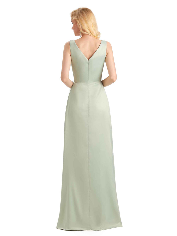 Elegant Soft Satin V neck Wrap Long Satin Women Bridesmaid Dresses Online