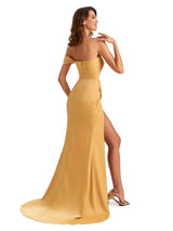 Unique One Shoulder Side Slit Satin Long Dresses For Wedding