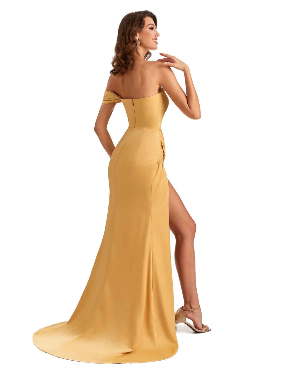 Unique One Shoulder Side Slit Satin Long Dresses For Wedding