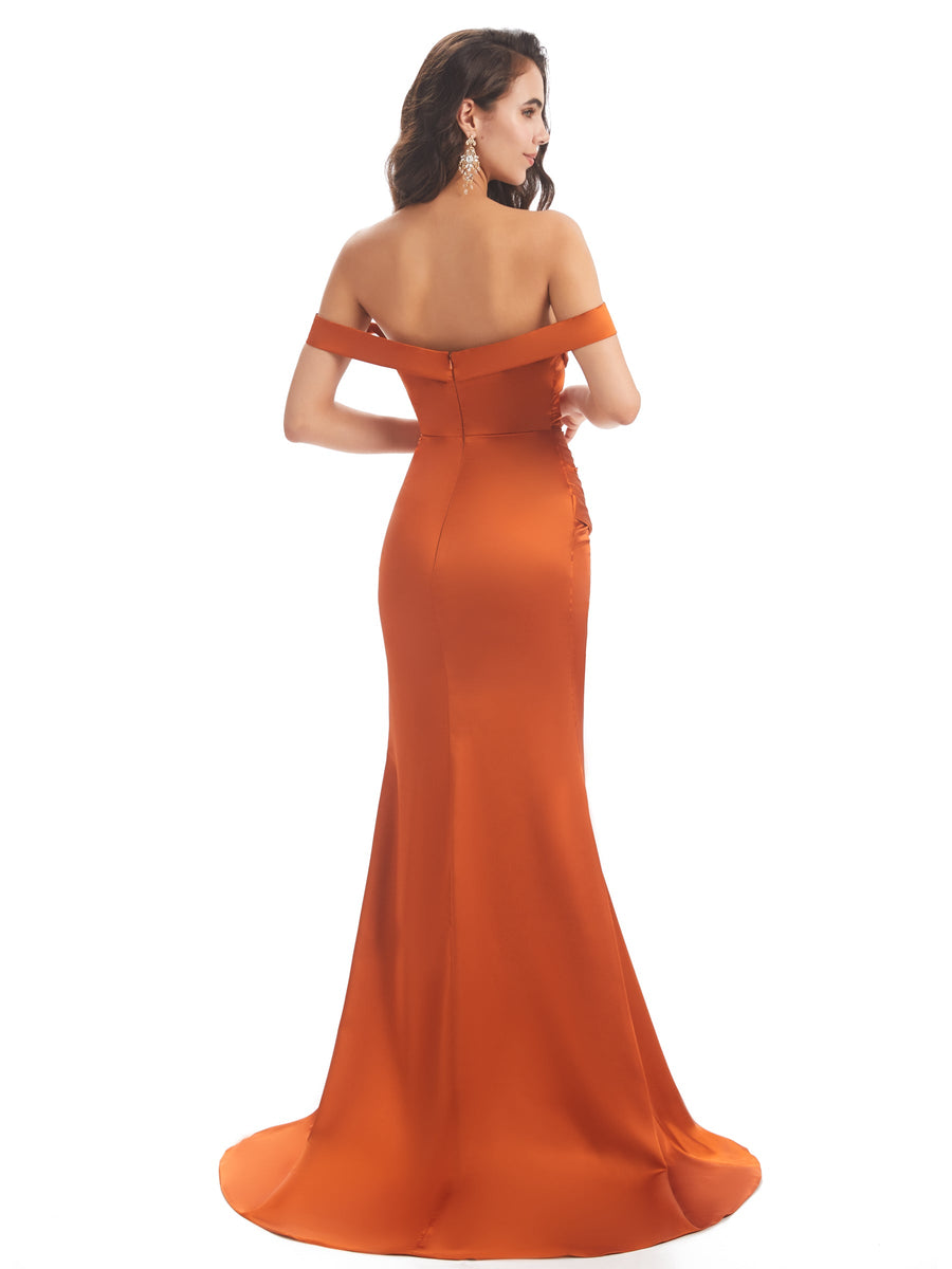 Sexy Side Slit Unique Satin Long Prom Dresses With Slit Off Shoulder