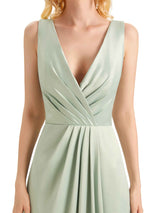 Elegant Soft Satin V neck Wrap Long Satin Women Bridesmaid Dresses Online
