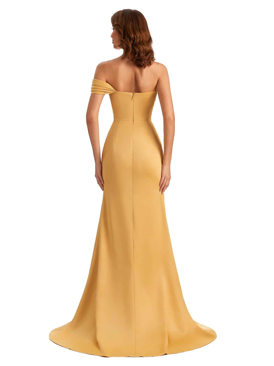 Unique One Shoulder Side Slit Satin Long Dresses For Wedding