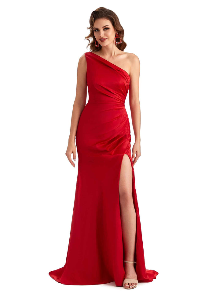 Elegant Side Slit Mermaid Silky Satin One Shoulder Long Bridesmaid Dresses