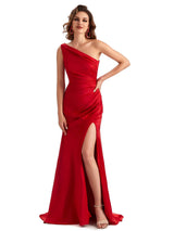 Elegant Side Slit Mermaid Silky Satin One Shoulder Long Bridesmaid Dresses