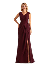 Elegant Chiffon A-line Lace Straps Side Slit Long Mother of the Brides Dresses
