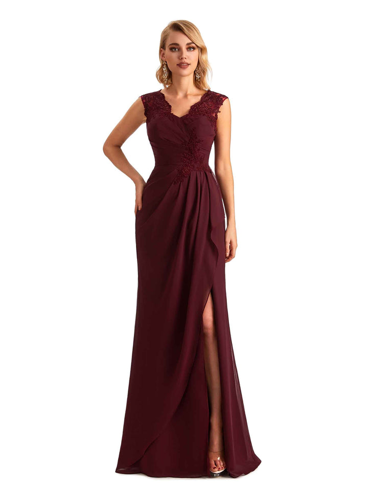 Elegant Chiffon A-line Lace Straps Side Slit Long Mother of the Brides Dresses