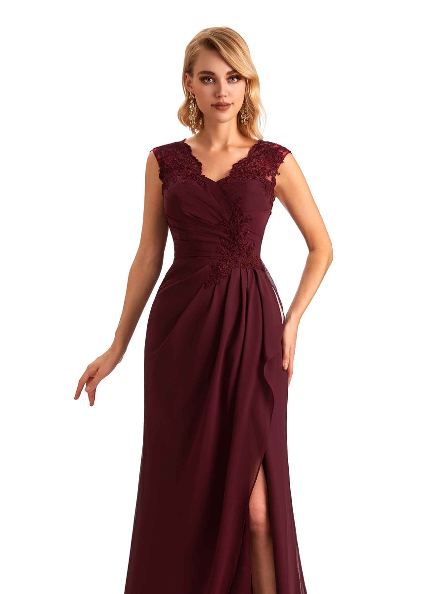 Elegant Chiffon A-line Lace Straps Side Slit Long Mother of the Brides Dresses