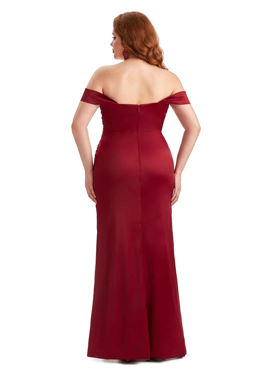 Plus Size Sexy Off The Shoulder Side Slit Mermaid Soft Satin Long Bridesmaid Dresses