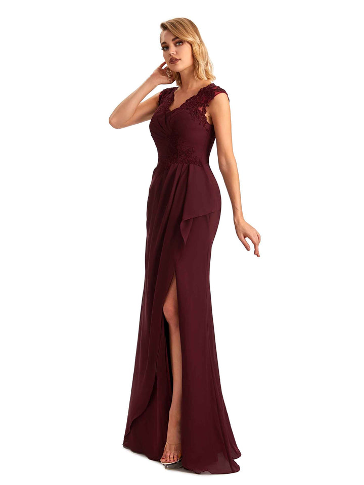 Elegant Chiffon A-line Lace Straps Side Slit Long Mother of the Brides Dresses