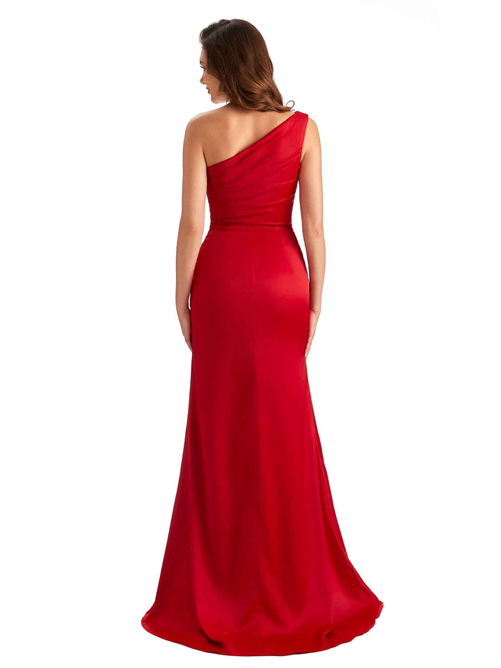 Elegant Side Slit Mermaid Silky Satin One Shoulder Long Bridesmaid Dresses