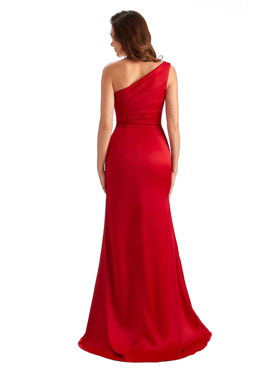 Elegant Side Slit Mermaid Silky Satin One Shoulder Long Bridesmaid Dresses