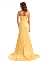Sexy Spaghetti Straps V-neck Side Slit Long Mermaid Bridesmaid Dresses In Satin
