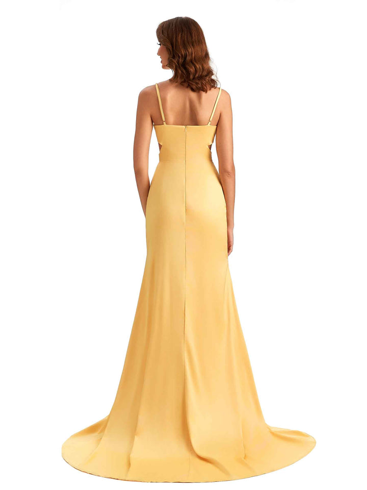 Sexy Spaghetti Straps V-neck Side Slit Long Mermaid Bridesmaid Dresses In Satin