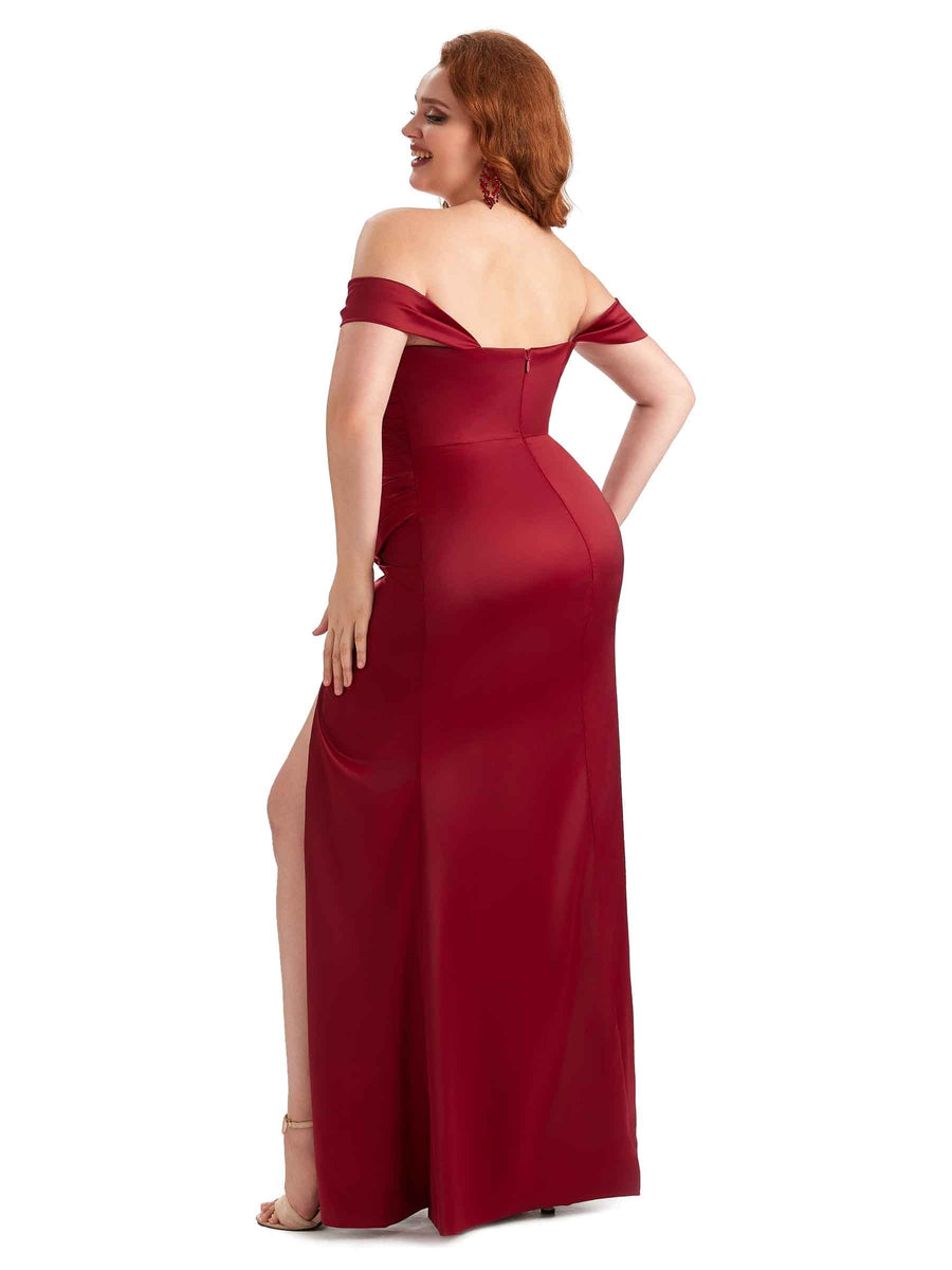 Plus Size Sexy Off The Shoulder Side Slit Mermaid Soft Satin Long Bridesmaid Dresses