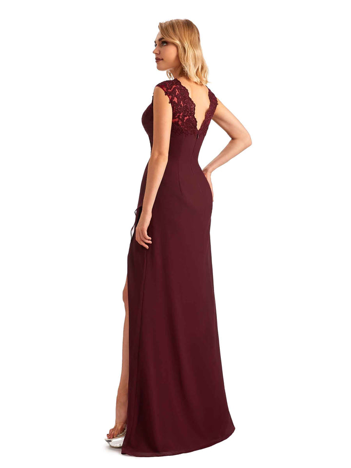 Elegant Chiffon A-line Lace Straps Side Slit Long Mother of the Brides Dresses