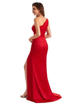 Elegant Side Slit Mermaid Silky Satin One Shoulder Long Bridesmaid Dresses