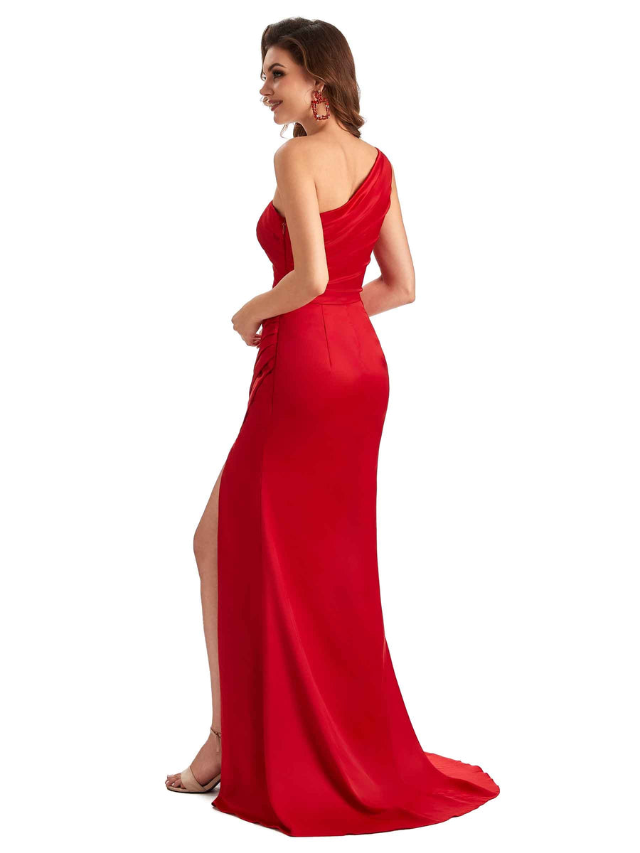 Elegant Side Slit Mermaid Silky Satin One Shoulder Long Bridesmaid Dresses