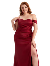 Plus Size Sexy Off The Shoulder Side Slit Mermaid Soft Satin Long Bridesmaid Dresses