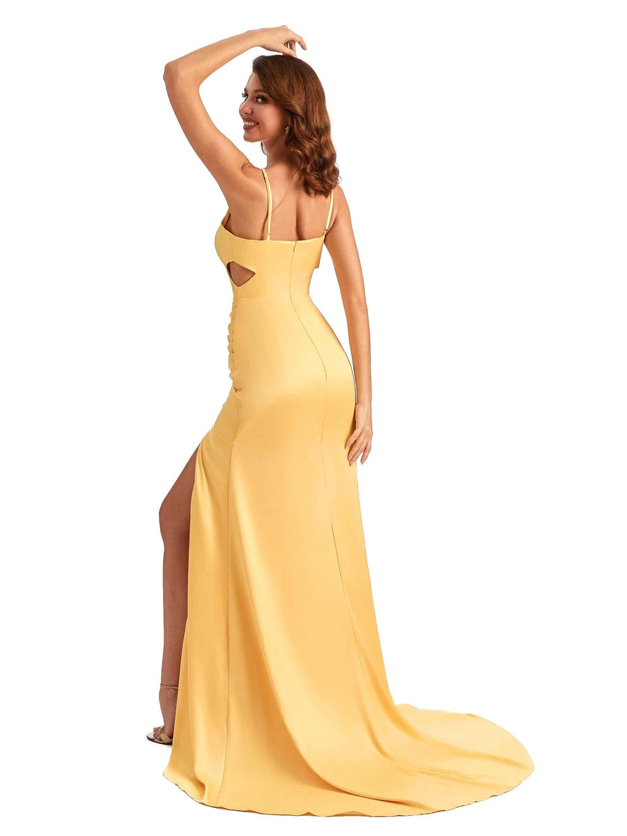 Sexy Spaghetti Straps V-neck Side Slit Long Mermaid Bridesmaid Dresses In Satin