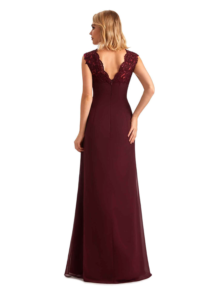 Elegant Chiffon A-line Lace Straps Side Slit Long Mother of the Brides Dresses