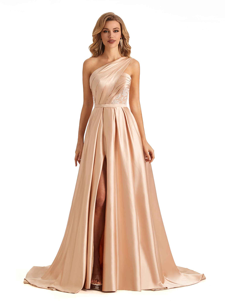 Sexy Side Slit One Shoulder A-line Soft Satin Long Bridesmaid Dresses Online