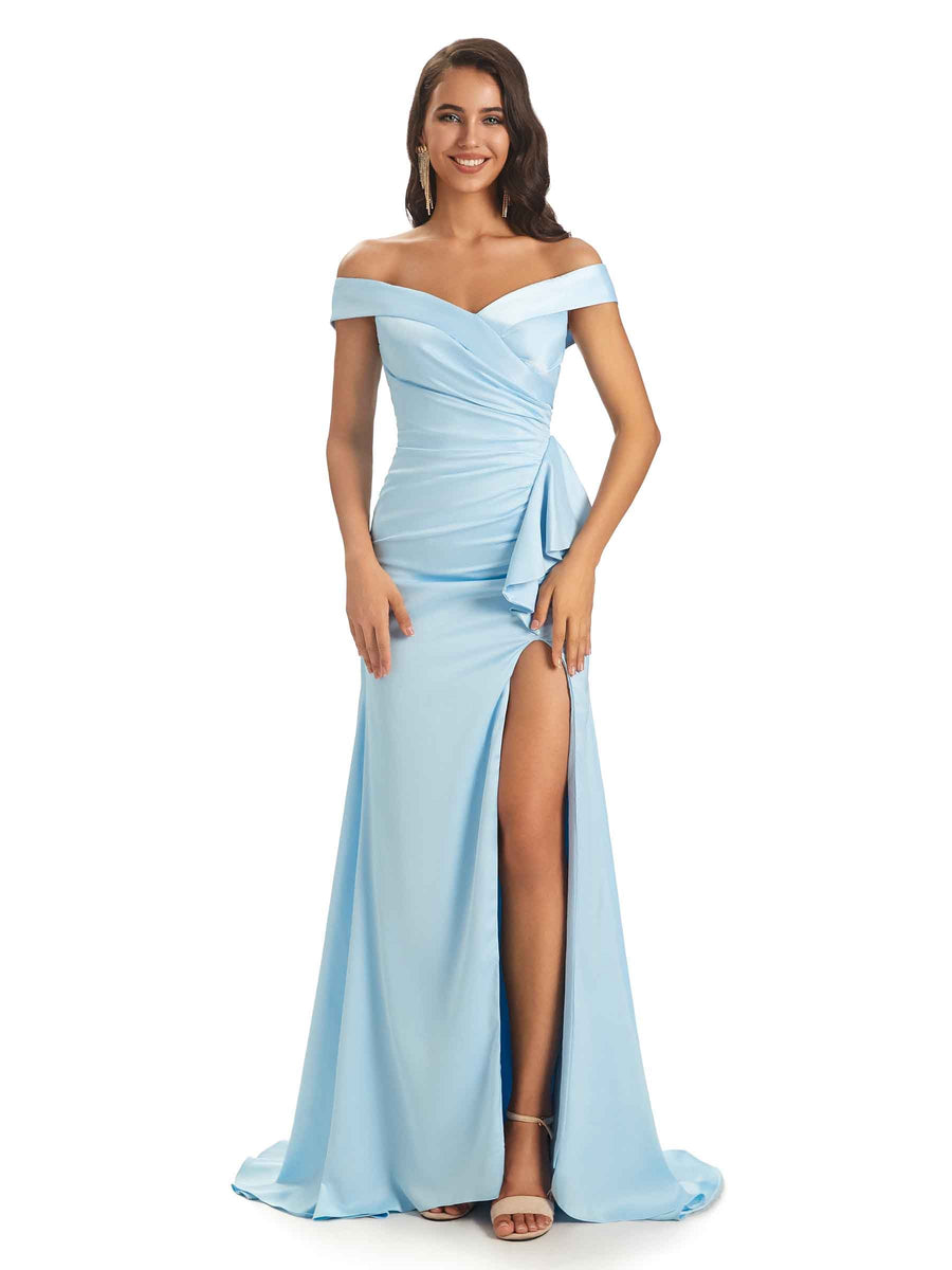 Sexy Soft Satin Side Slit Off- Shoulder Long Mermaid Wedding Bridesmaid Dresses Sale