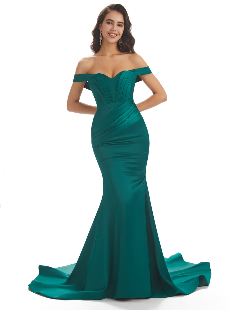 Sexy Mermaid Off Shoulder Long Unique Satin Prom Dresses Online