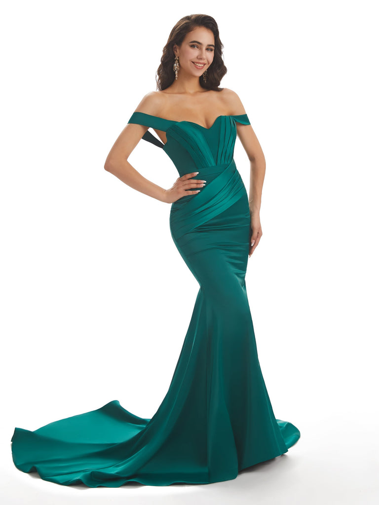 Sexy Mermaid Off The Shoulder Long Unique Satin Maxi Prom Dresses Online Sale